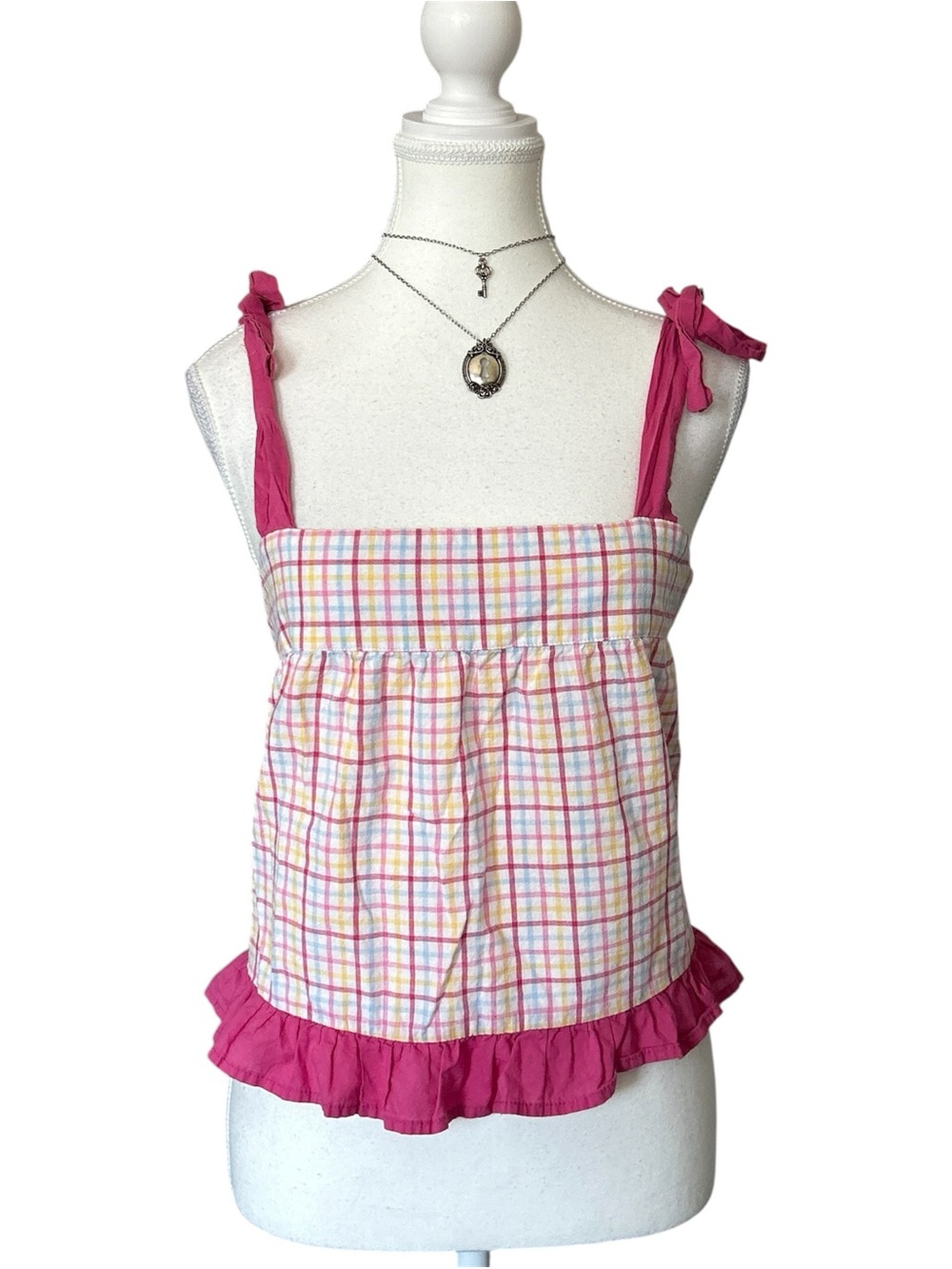 Y2K “Maree” Pink and White Tartan Print Babydoll Style Ruffle Trim Tank Top